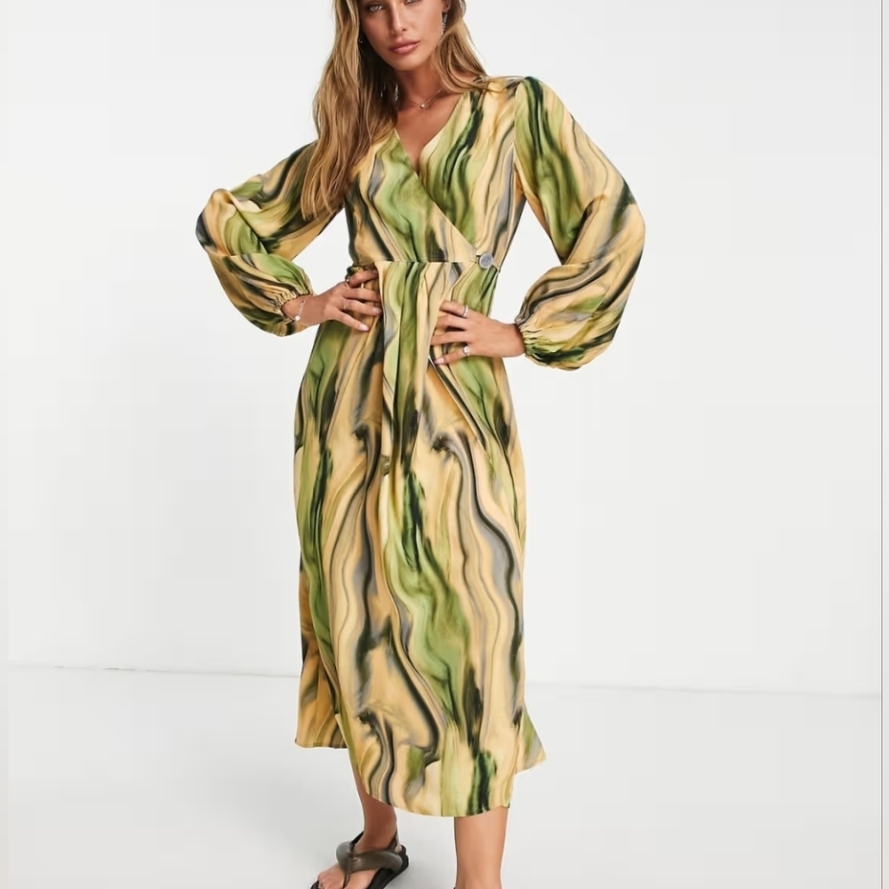 & Other Stories Wrap Midi Dress Tie Back Slit Womens Olive Wheat Marble Print 4